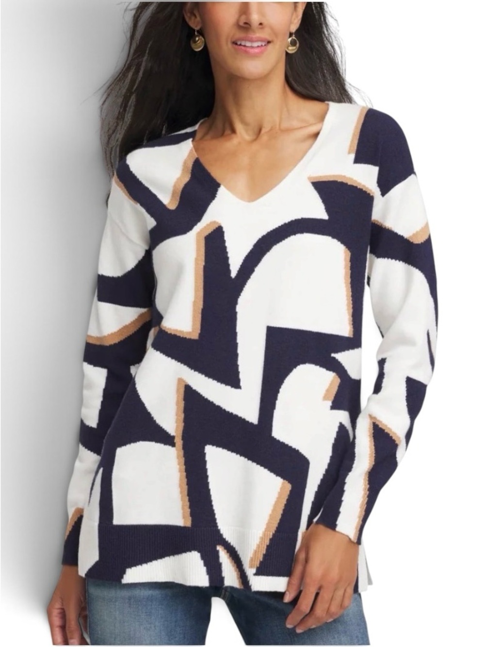 Chico's Geo Intarsia Sweater Blue & White Size Medium